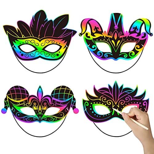 WATINC 24pcs Mardi Gras Scratch Masks for Kids Carnival Prom Art Craft Kit Masquerade Party DIY Magic Color Paper Mask Costumes Dress Up Scratch Off Cards Supplies