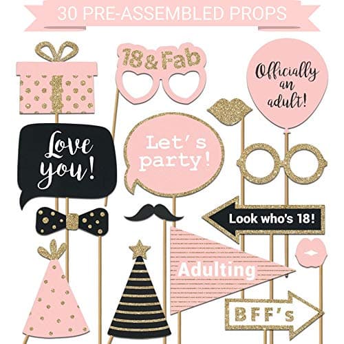 Fully Assembled 18th Birthday Photo Booth Props - Set of 30 - Pink & Gold Selfie Signs - 18th Party Supplies & Decorations - Cute Bday Designs with Real Glitter - Did We Mention No DIY