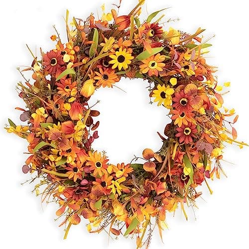 22 Inch Fall Wreaths for Front Door Artificial Orange Eucalyptus Berry Autumn Wreath with Daisy Jasmine Flowers Farmhouse Fall Flower Wreath for Front Door Outside Indoors