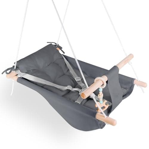 Baby Swing Indoor and Outdoor Canvas Hammock Swing for Baby to Toddler with a Comfortable Seat Macaroon Wooden Toy Adjustable 5Point HarnessGift for Baby Boys Girls 3 Modes Dark Grey