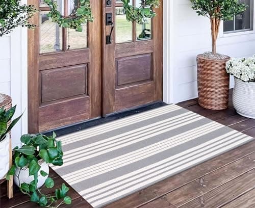 Grey and White Layered Door Mats 24'' x 51''Striped Outdoor Front Porch Rug Hand-Woven Machine Washable Indoor for Entryway/Bedroom