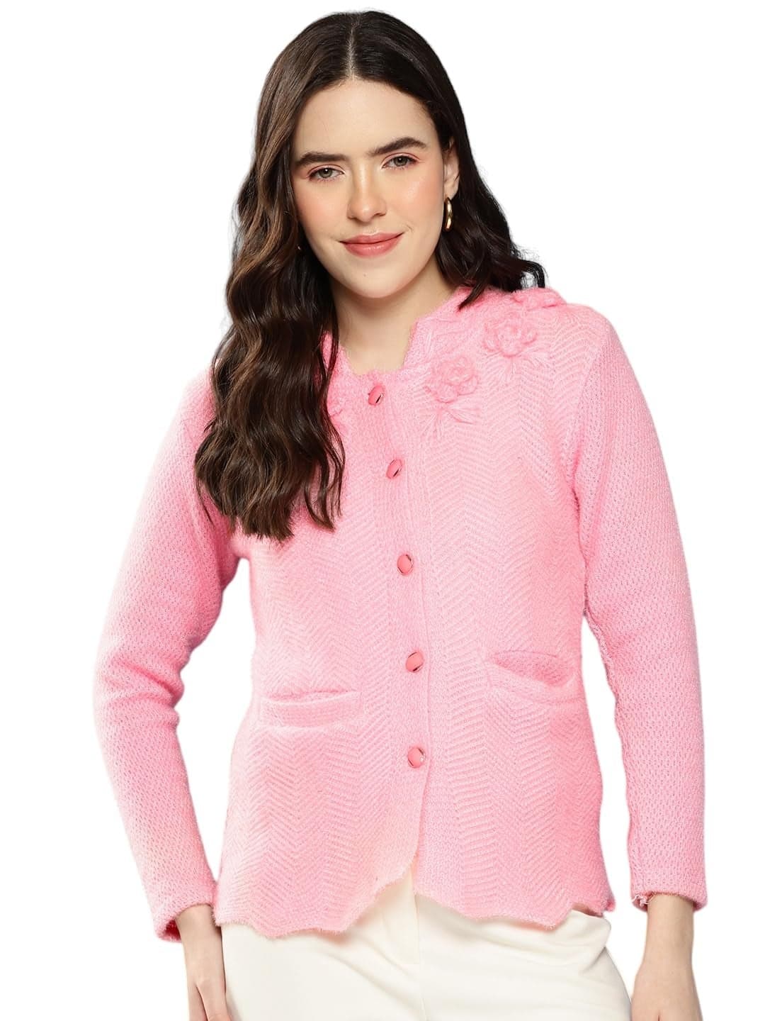 Aarika Womens Casual Wear Pink Floral Woolen Cardigan-(S-L)-(CG-W-MD-14-PINK-M)