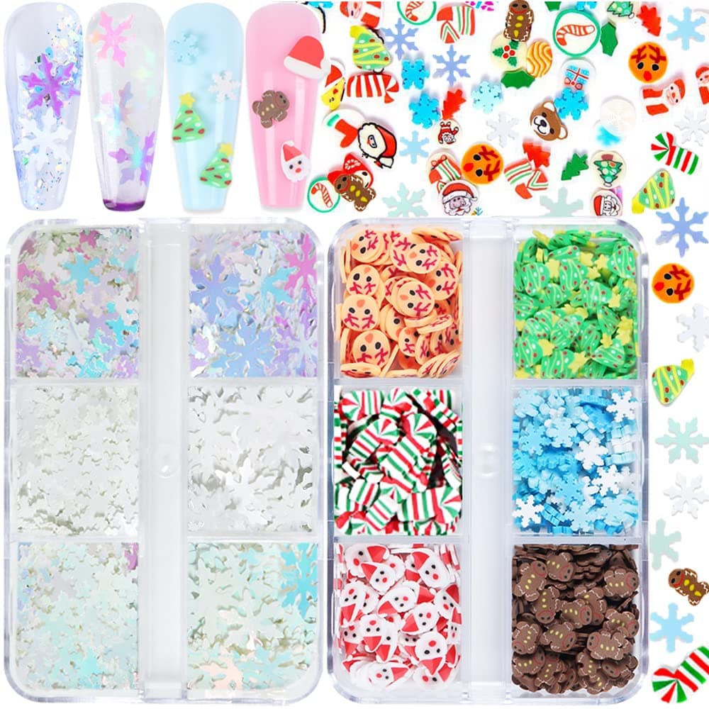 Christmas Nail Glitter Sequins 12 Grids Holographic Snowflake Nail Art Glitters Snow Flakes Xmas Tree Snowmen Santa Claus Elk Christmas Nail Design Winter Nail Sticker Decals Manicure DIY Decorations