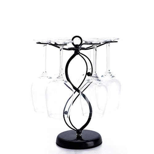 FOMANSH Countertop Wine Glass Holder Freestanding Tabletop Stemware Storage Rack Metal Glasses Display Rack Black with 6 Hooks