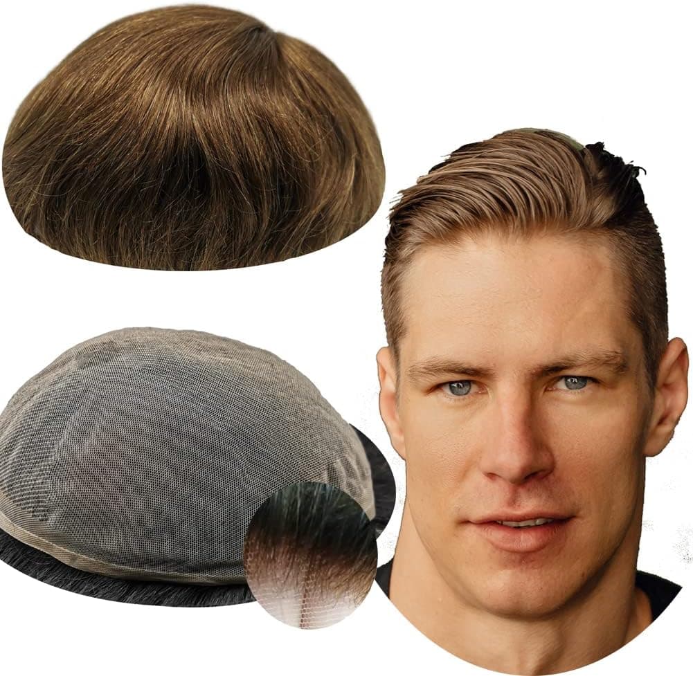 Toupee for Men Real Human Hair Replacement System Fine French Lace Hairpiece Customizable Hair Units NaturalLooking HairPieces Hair Prosthesis 4Light Brown 8x10