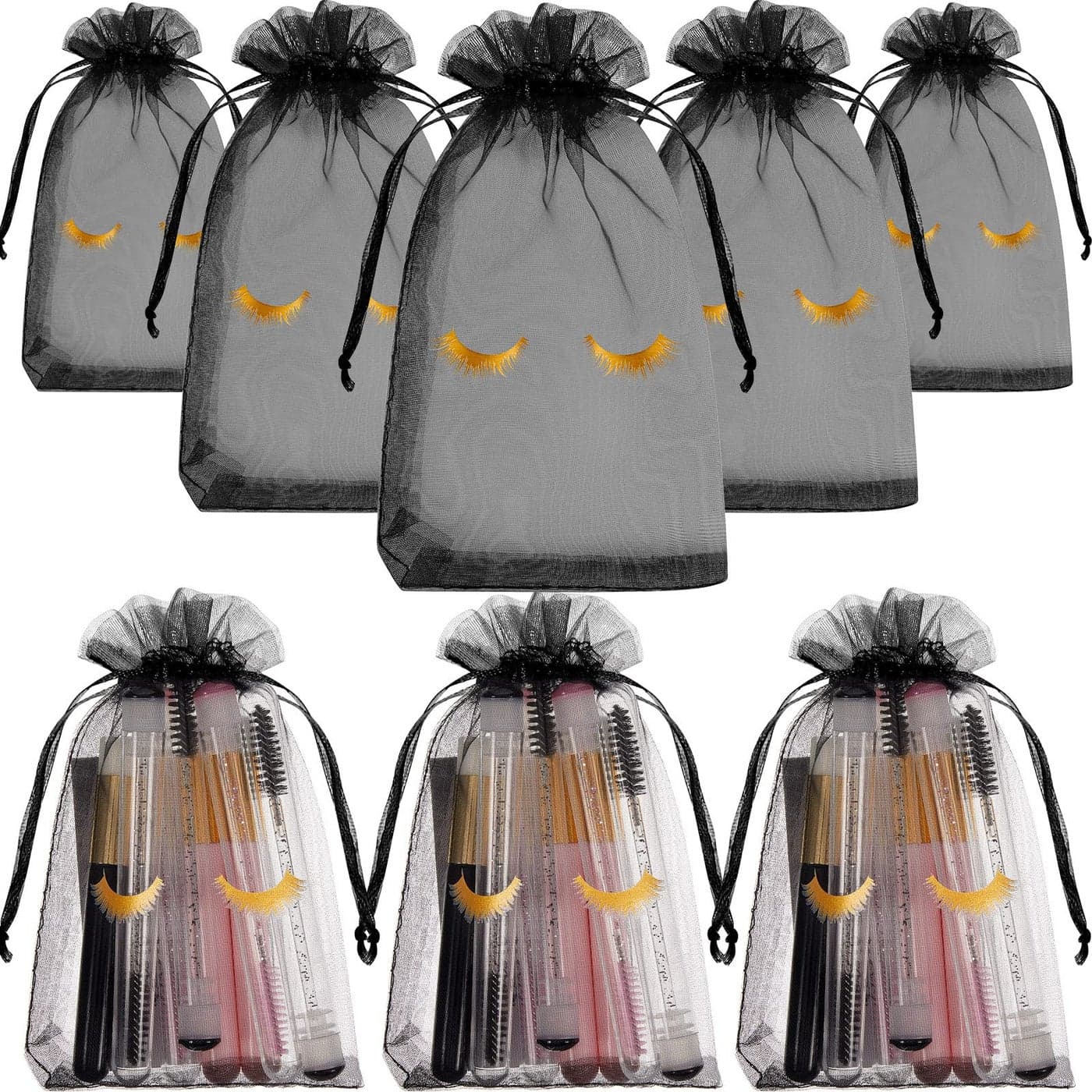 Reginary 100 Pcs Eyelash Aftercare Bags Eye Lash Print Makeup Bags Empty Beauty Gift Women Drawstring Cosmetic Organza Pouch for Makeup Jewelry Supplies4 x 6 InchBlack Plus Golden