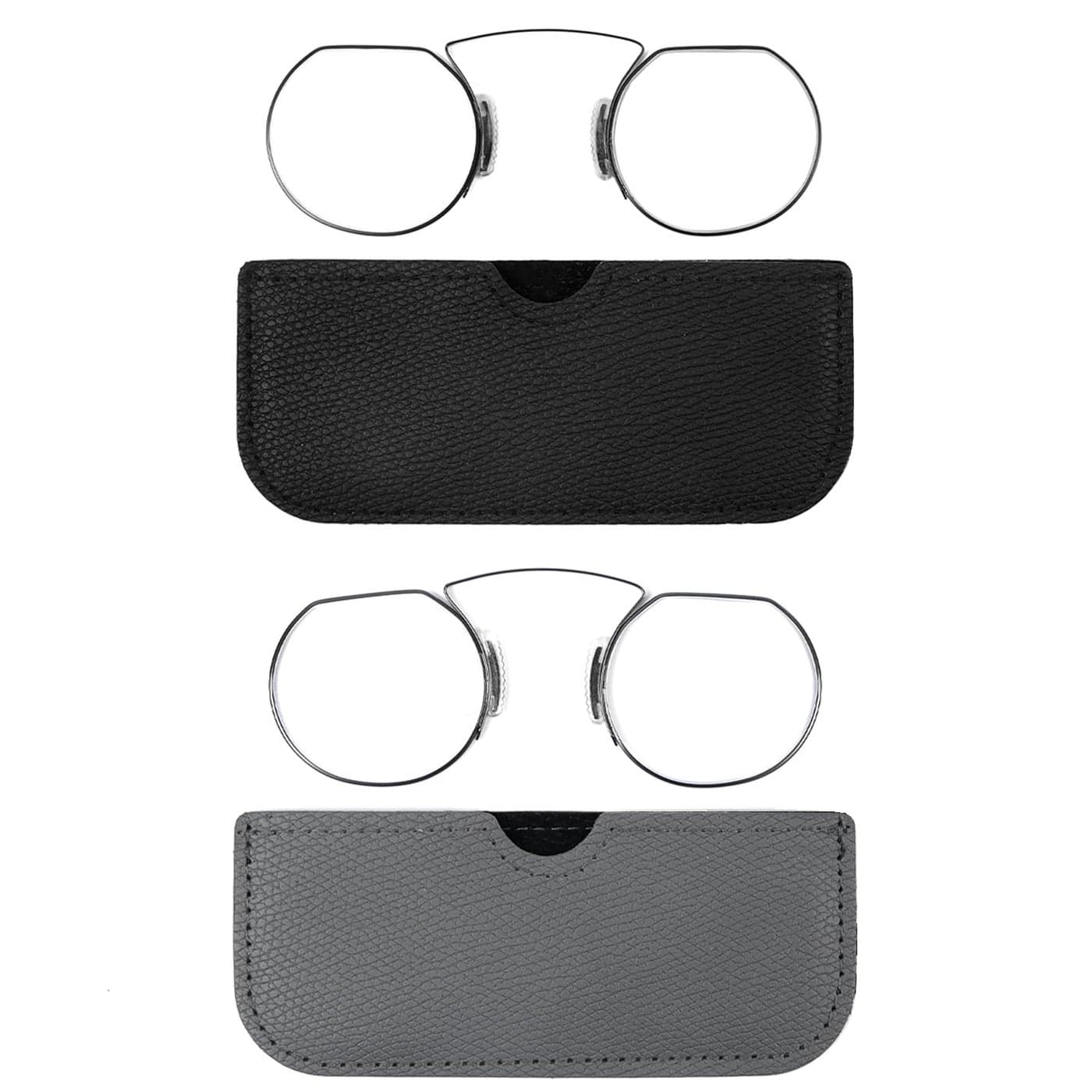 REAVEE 2 Pack Small Armless Reading Glasses for Men Women Blue Light Blocking Round No Temple Thin Compact Readers with Portable Case Black and Grey 20