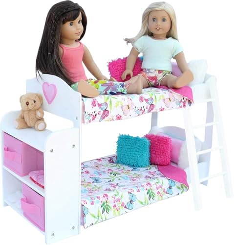 PZAS Toys Doll Bunk Bed Bunk Bed for 18 Inch Dolls 23 Piece Set Complete with Linens Pajamas and Shelves Fits American Girl Doll