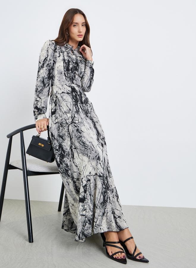 Women Printed Tie-up Neck Long Sleeve Maxi Dress — M