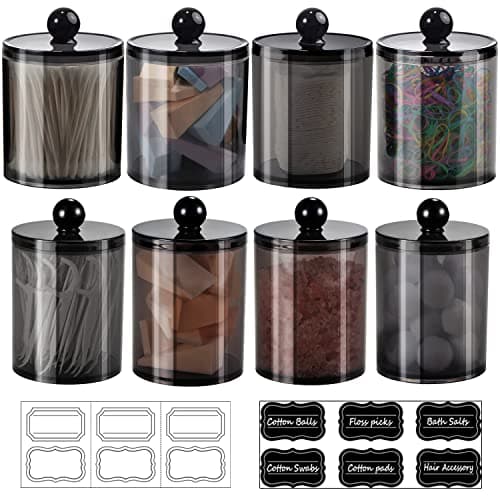 SheeChung 8 Pack Qtip Holder Cotton Round Holder with Lids 12 Labels 4 10oz 4 12oz Plastic Canisters Bathroom Storage Set for Cotton Swabs Balls Pads Floss Picks Black