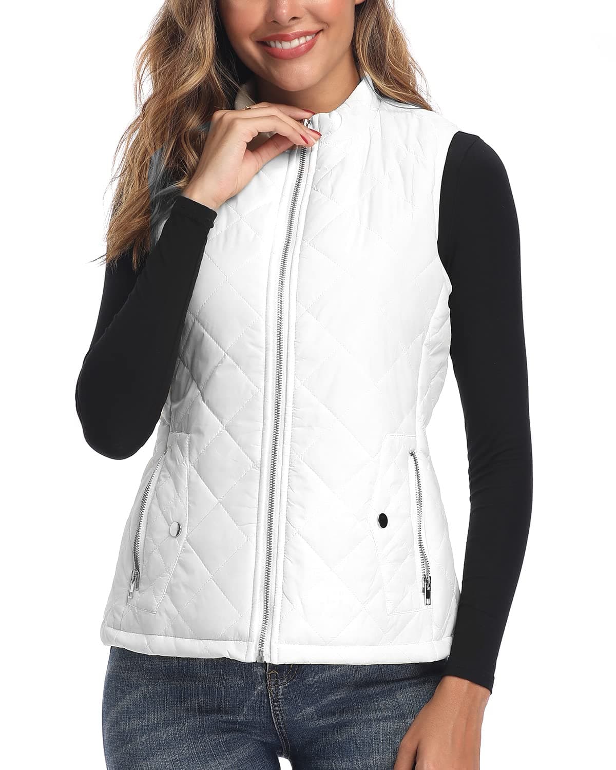 Argstar Womens Quilted Puffer Vest Stand Collar Lightweight Zip Padded Outerwear Gilet White XL
