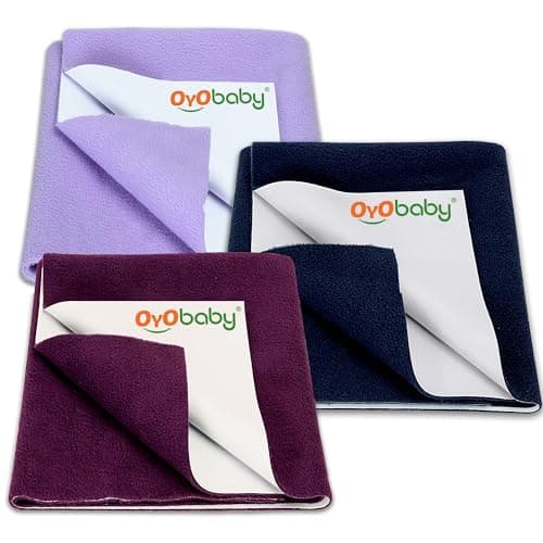 OYO BABY Anti-Piling Fleece Extra Absorbent Instant Dry Sheet for Baby, Baby Bed Protector, Waterproof Baby Sheet, Large Size (100x140cm-Pack of 3 Dark Blue, Plum & Violet