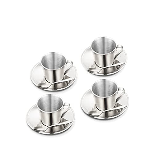 Shri & Sam Stainless Steel 4 Pieces Rise Double Wall Cup And Saucer Set, 200 ML
