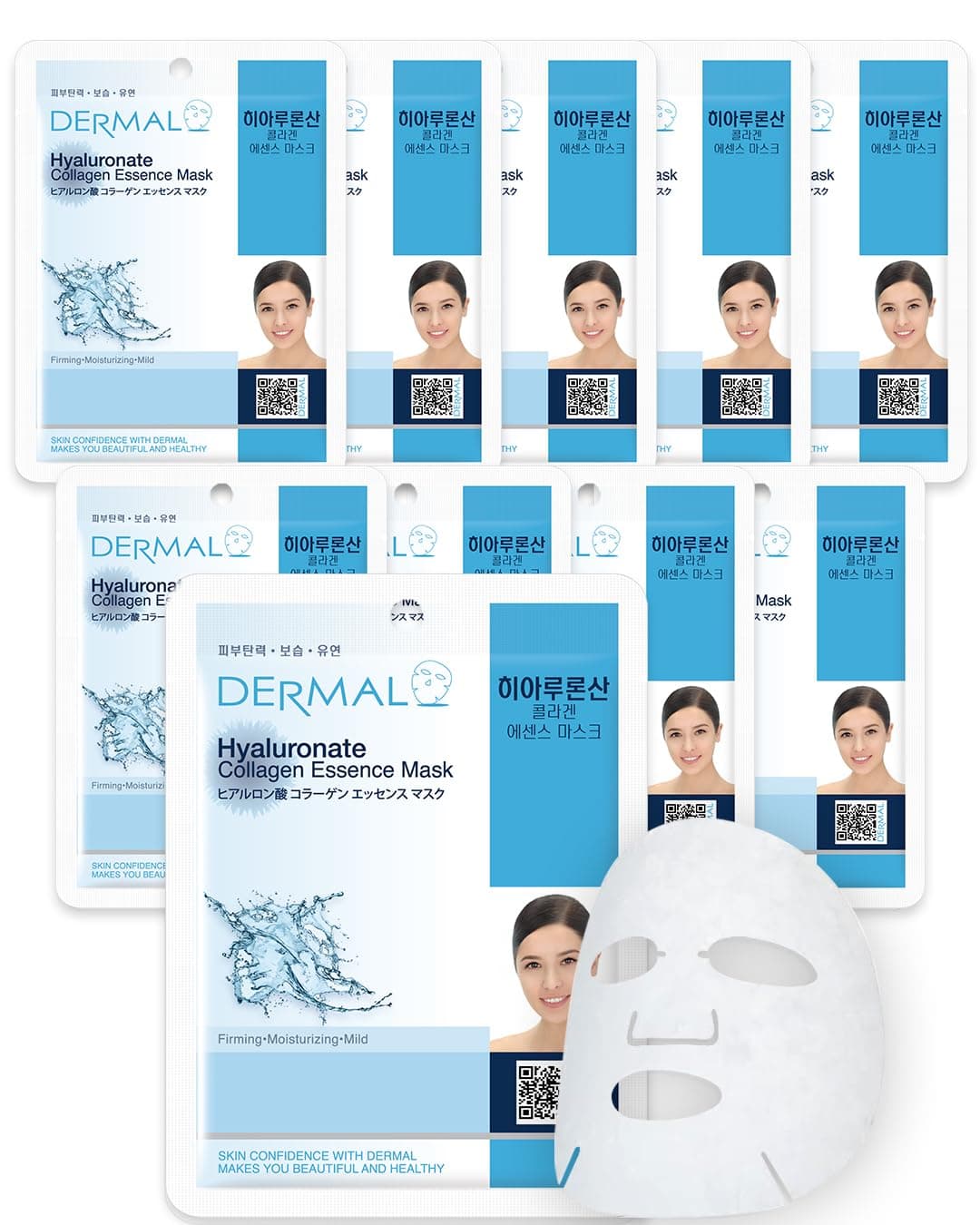 DERMAL Hyaluronate Collagen Essence Facial Mask Sheet 23g Pack of 10 Hydro Boost Moisturizing for Dry Skin Smoothing Fine Lines Wrinkles Daily Skin Treatment Solution Sheet Mask