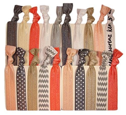 Kenz Laurenz Hair Ties Ponytail Holders - 20 Pack "Silver Peach Chevron" No Crease Ouchless Elastic Styling Accessories Pony Tail Holder Ribbon Bands