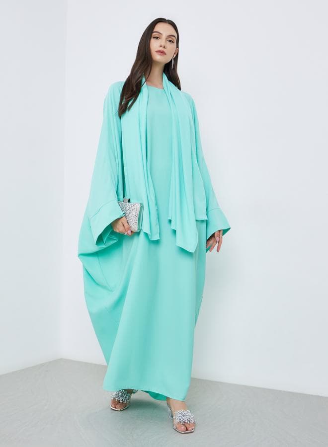 Solid Batwing Sleeve Abaya with Hijab Set