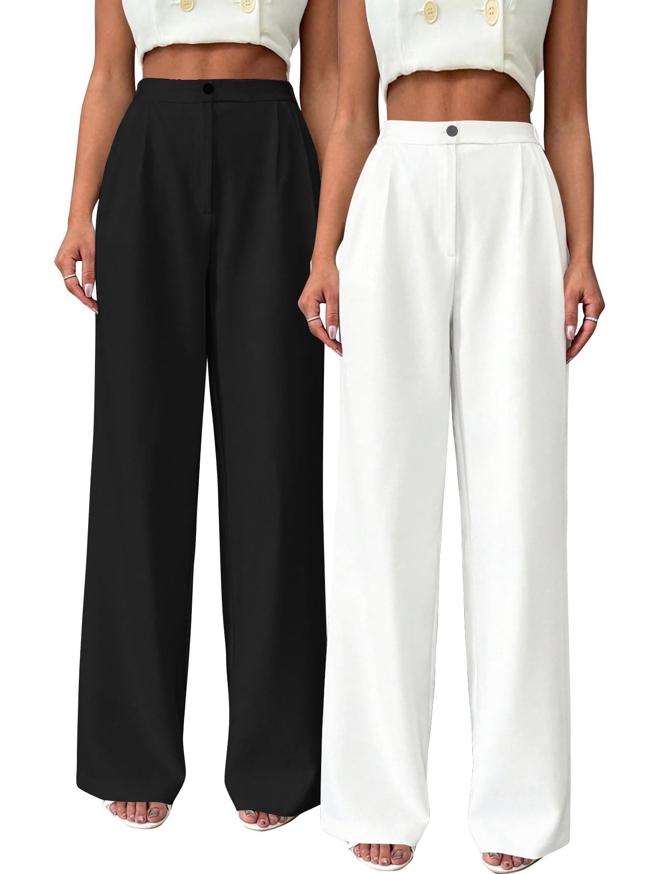 Toochki Trousers for Woman Pants Women's Formal Office Korean | Black Track Pant | Straight | Cotton Spandex Stretchable Trouser | High-Waisted Bottom Wear | Pack of 2 Combo