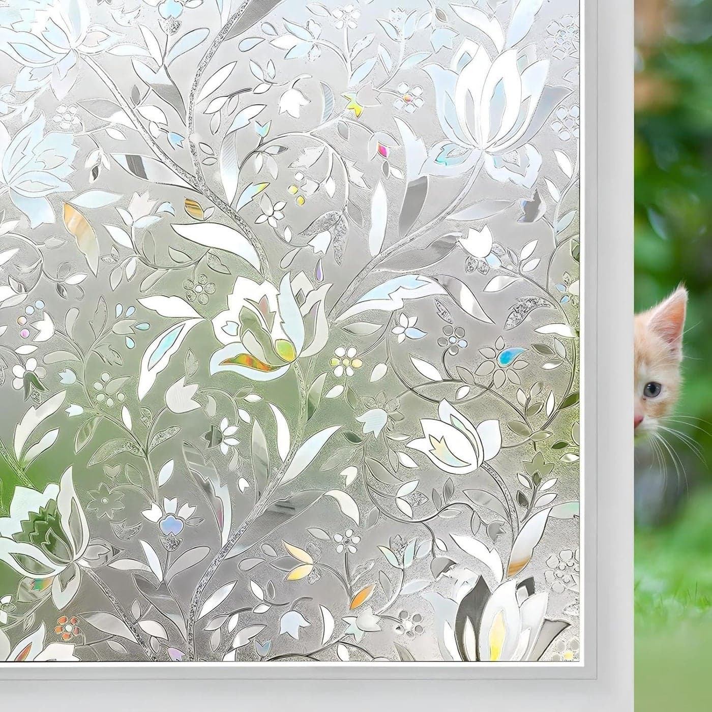 Niviy Window Film Floral Decorative Window Privacy Film 12 x 787 inches Front Door Glass Privacy Film Vinyl NonAdhesive Stained Glass Renter Friendly Window Cling