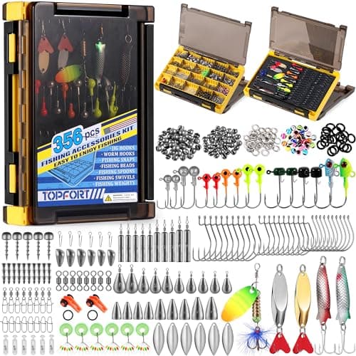 TOPFORT 356PCS Abundant Fishing Accessories Kit with Double-side Fishing Tackle Box, Fish Gear and Equipment Include Fishing Hooks Jig Head Fishing Weights Sinkers for Trout Bass Crappie