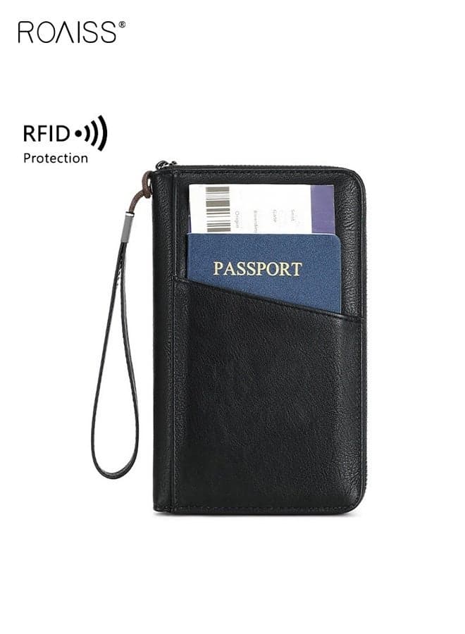 Unisex Passport Holder, RFID-Protected Foldable Passport Cover, Multifunctional Solid-Color Travel Document Case, Water-Resistant and Durable PU Wallet, Large Capacity Storage, Black