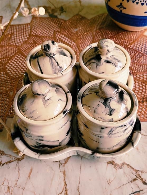 Niyara Multipurpose Storage Ceramic Pickle set Jars with Lid & tray (Set of 4, 300 ml) (Classic Marble look)