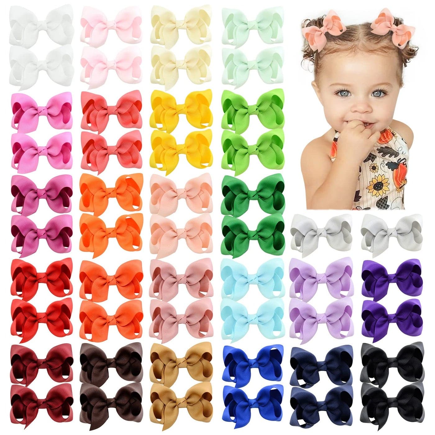 50PCS 3Inch Hair Bows for Girls Grosgrain Ribbon Toddler Hair Accessories with Alligator Clips for Toddlers Baby Girls Kids Teens in Pairs
