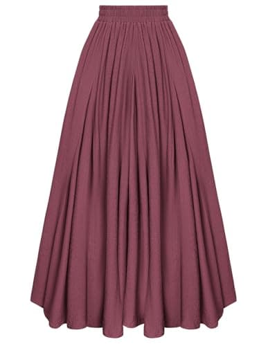 Women Elastic High Waist Swing Maxi Flowy Summer Long Skirt Wine M
