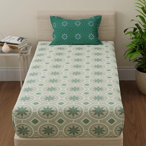 Huesland by Ahmedabad Cotton 144 TC Cotton Bedspread for Single Bed with Pillow Cover | Mandala | Dark Green & Light Green
