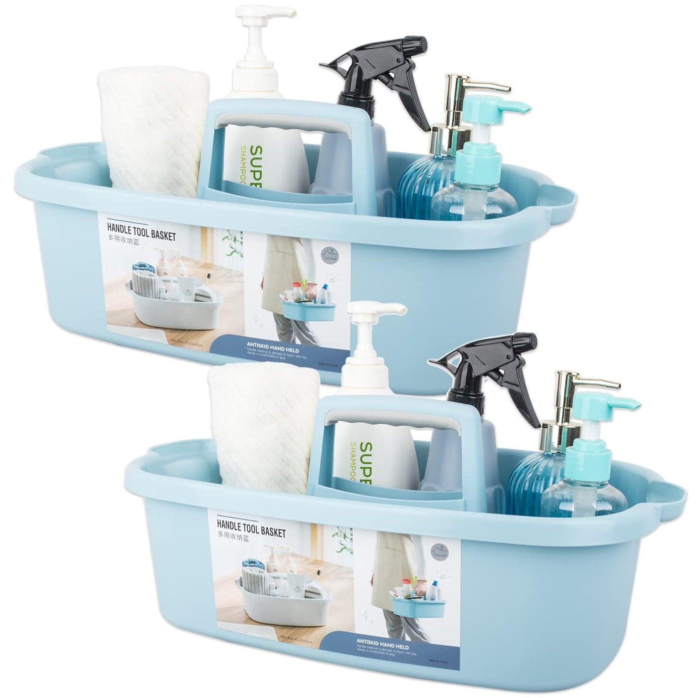 Large Cleaning Supplies Caddy Portable Shower Basket Supply Organizer with Handle Plastic Bucket Tool Storage for Bathroom Bedroom Kitchen College Dorm Garden Blue 2 Pack