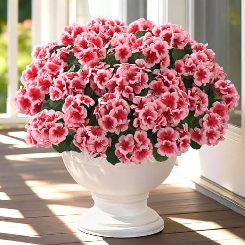 8 Bundles Artificial Flowers for Outdoors, Realistic Geraniums Fake Flowers for Decorations, UV Resistant Silk Faux Flowers Plants for Outside Garden Porch Planter Yard Patio Home Decor(Pink)