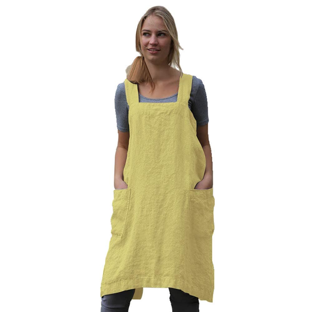 Larmliss Womens Pinafore Square Apron Baking Cooking Gardening Works Cross Back CottonLinen Blend Dress with 2 Pockets Yellow2XL