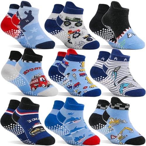 Welwoos Baby Boys Toddlers Grips Socks Kids Non Slip Anti Skid Ankle Fun Gifts Cotton No Show Socks with Grippers 9 Pairs (Trucks, 3-5T)