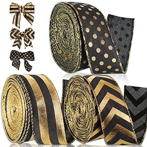 15 Inch Wedding Ribbon Wired Burlap Stripes Ribbon for Wreath Stripes Dots for Christmas Anniversary Bachelor Party Decor Craft 3 Rolls Black and Gold