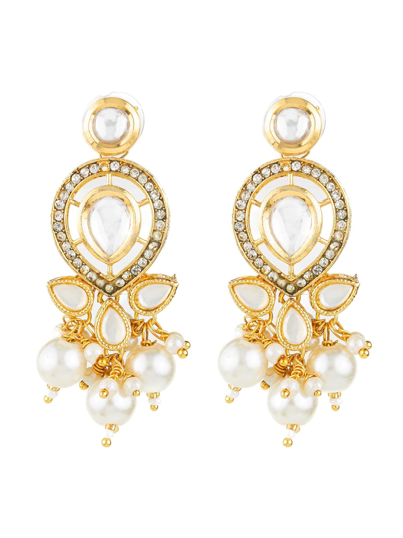 Bevogue Traditional Kundan Pearl Drop Earrings | Gold Plated Ethnic Chandbali Earrings for Women and Girls | White Stone & Pearl Dangler Jewellery | Lightweight Brass Stud Earrings (ER4123)