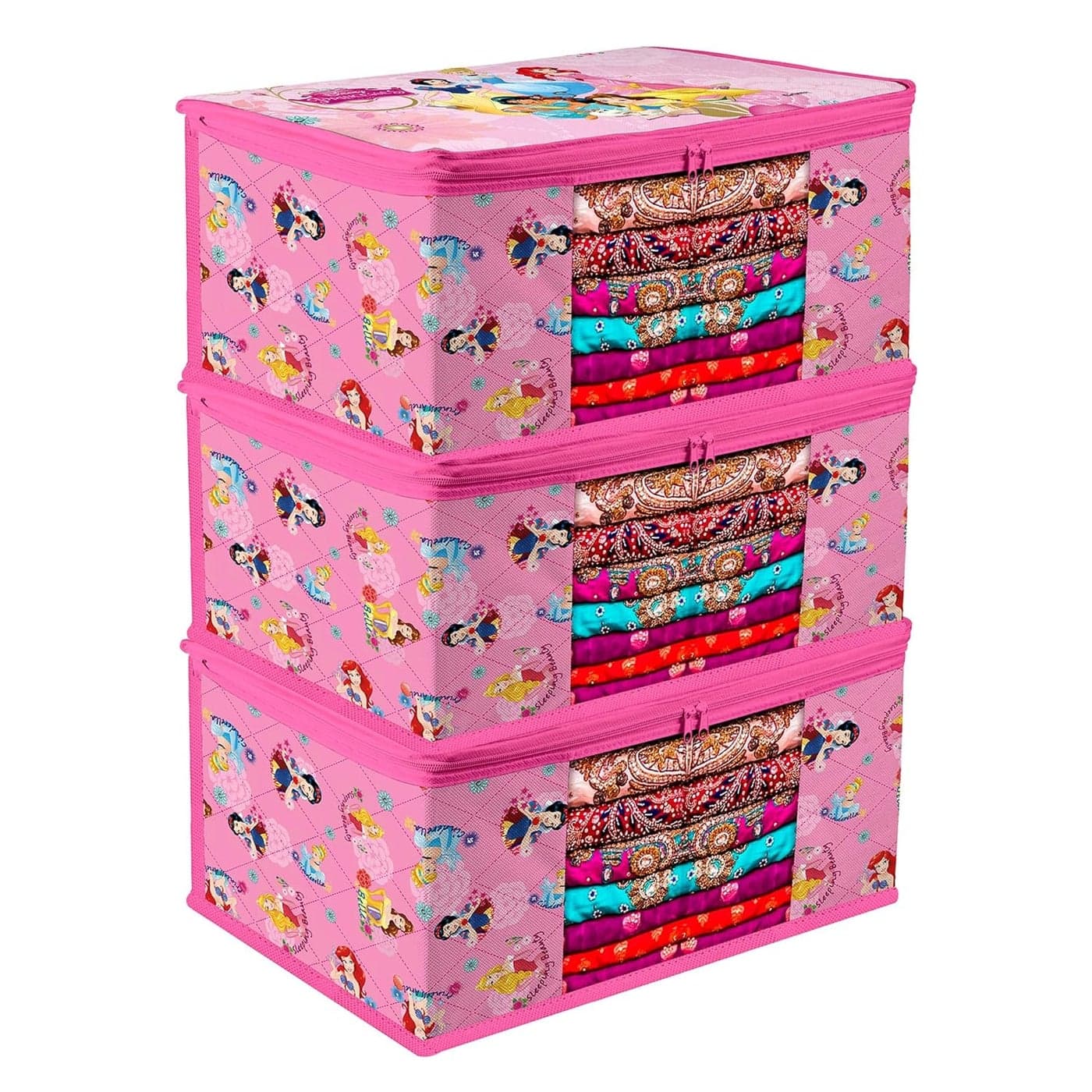 Urbane Home Saree Cover Zip Closure Saree Cover Clothes Storage Bag Wardrobe Organiser Transparent Window Saree Cover Disney PrincessPrint 9 inch Pack of 3 Pink