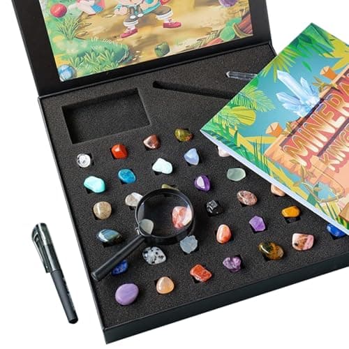 Vbvbip 43 Pieces Rock Kit for Geology Enthusiasts Rock Collection with Mineral Testing Tools Crystal Geode Display Volcanic Samples Beginner to Advanced Specimen Study