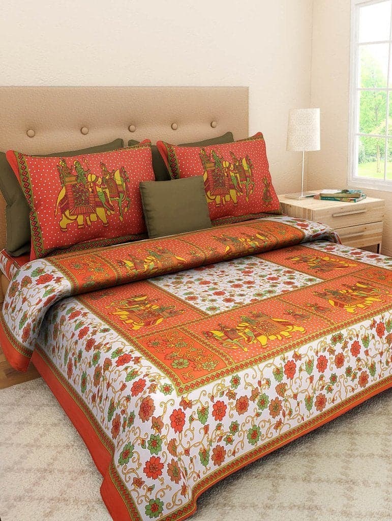 Ealth Kart Cotton Comfort 180 TC Rajasthani Jaipuri Traditional Floral Double Bedsheet with 2 Pillow Covers (Orange, King Size)