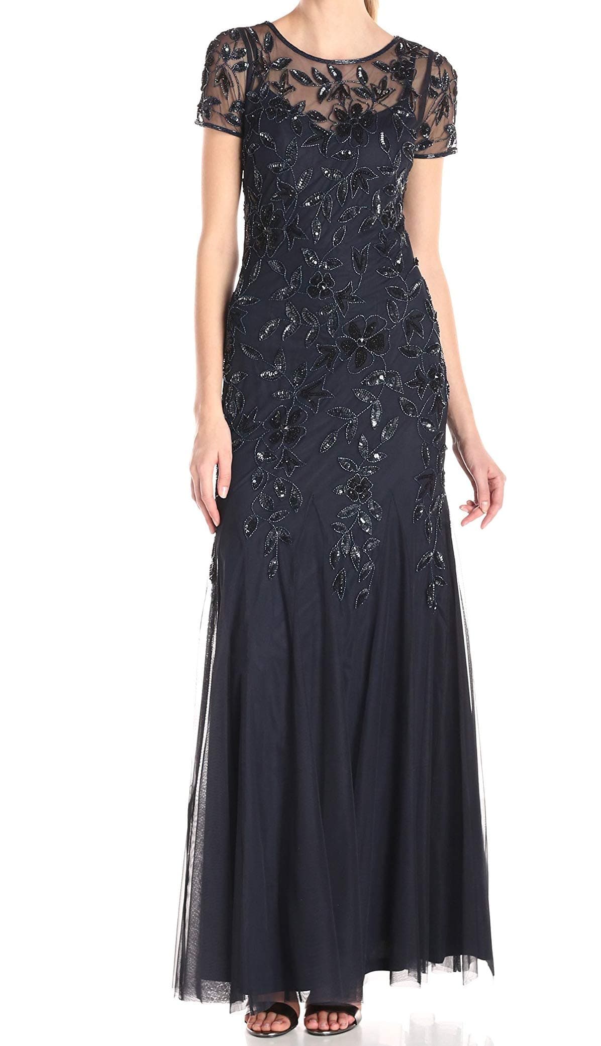 Adrianna Papell Women's Floral Beaded Godet Gown with Sheer Short Sleeves, Twilight, 18