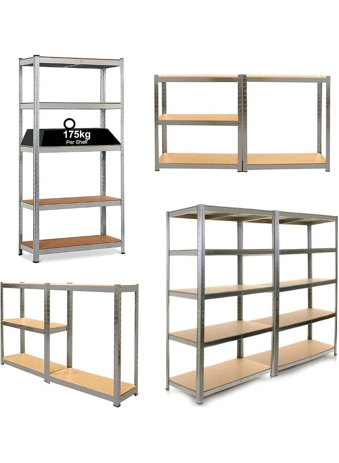 Heavy Duty Metal Garage Shelving Unit – 175kg Per Shelf Storage Rack with Adjustable MDF Shelves for Warehouse, Workshop, Basement, Office, Utility Room, Home Organization, Durable Steel Frame, Easy Boltless Assembly, Strong and Reliable Storage Solution.