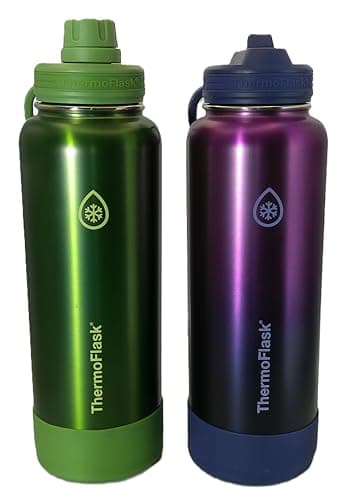 ThermoFlask 40 oz Bottle with Spout and Straw Lid - Stainless Steel, Double-Wall Insulation & BPA-Free - Leakproof, Resuable - Forest Green/Purple Sunset (2 Pack)