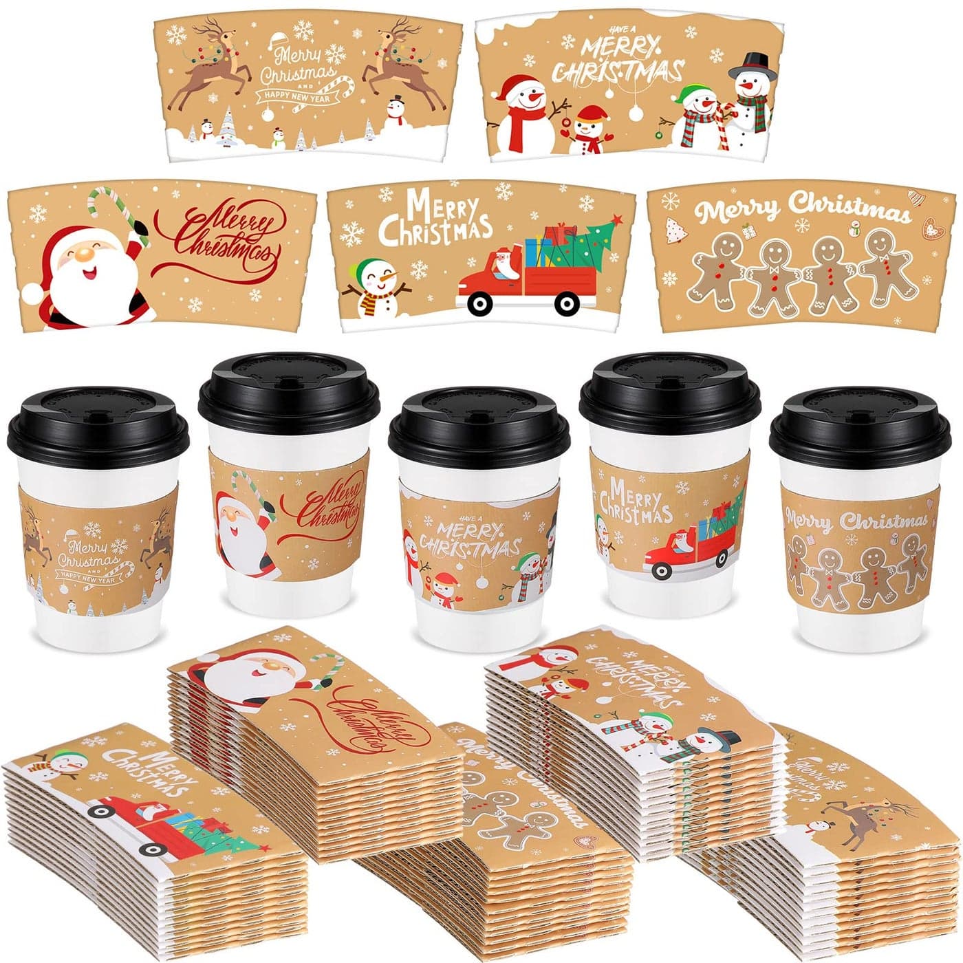 Remerry 125 Pack Disposable Christmas Coffee Cup Paper Sleeves Xmas Santa Holiday Tea Hot Chocolate Cocoa Sleeves for 12oz 16oz CupsSnowman