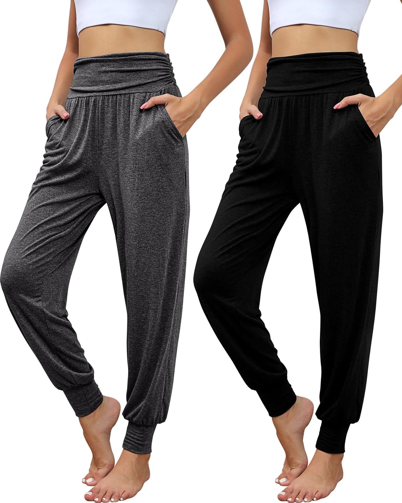 Locoowai 2 Pack Womens Yoga Joggers Cozy Sweatpants with Pockets Casual Loose Comfy High Waisted Lounge Pants Black Dark GrayMedium