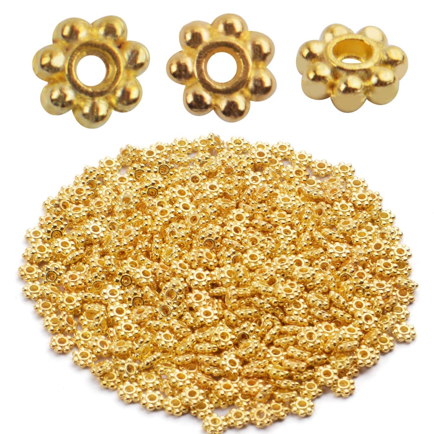 BronaGrand 500pcs Metal Daisy Spacer Beads 4mm for DIY Jewelry Making Gold