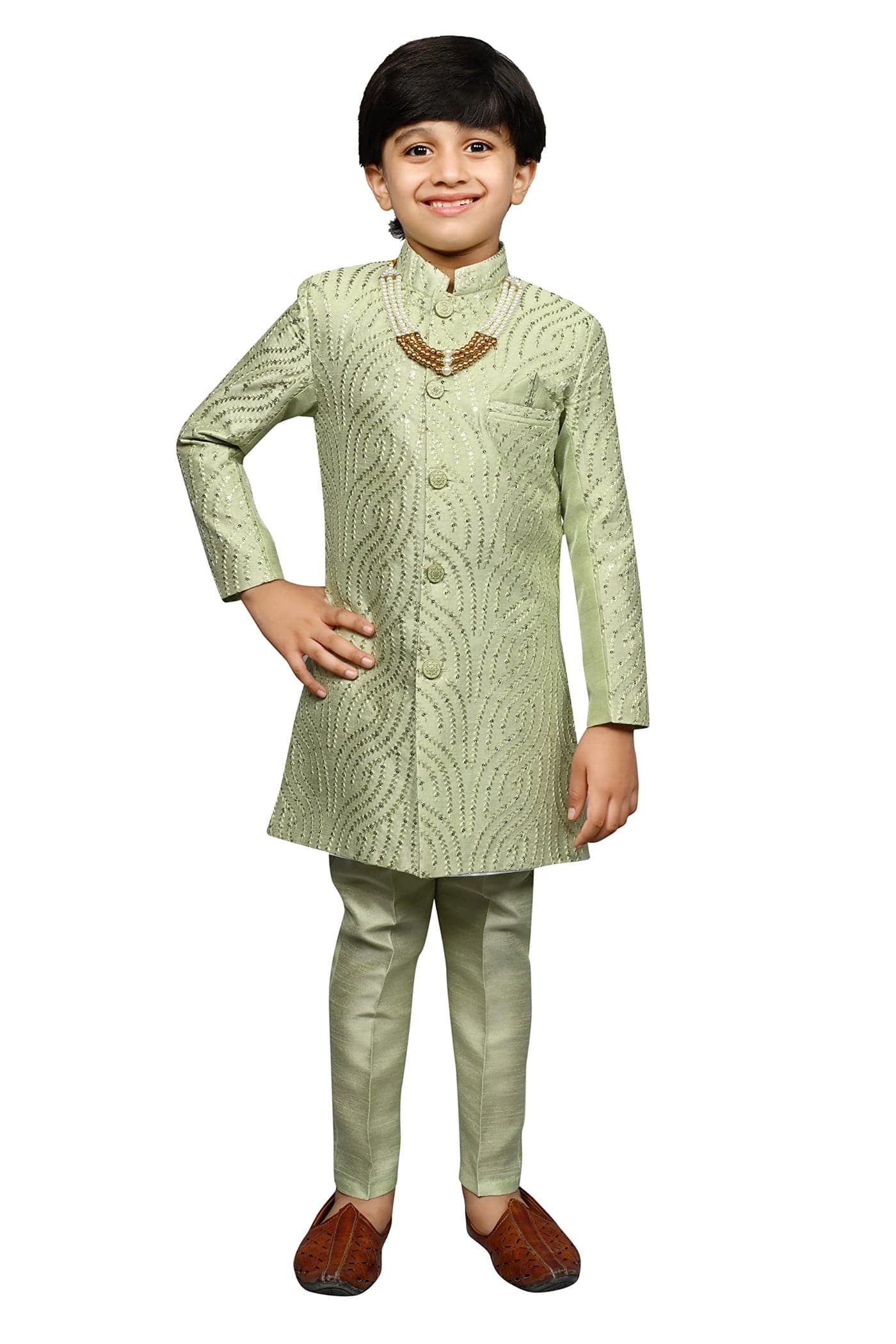 AHHAAAA Kids Ethnic Silk Blend Sequin Print Indo-Western Sherwani Set For Boys