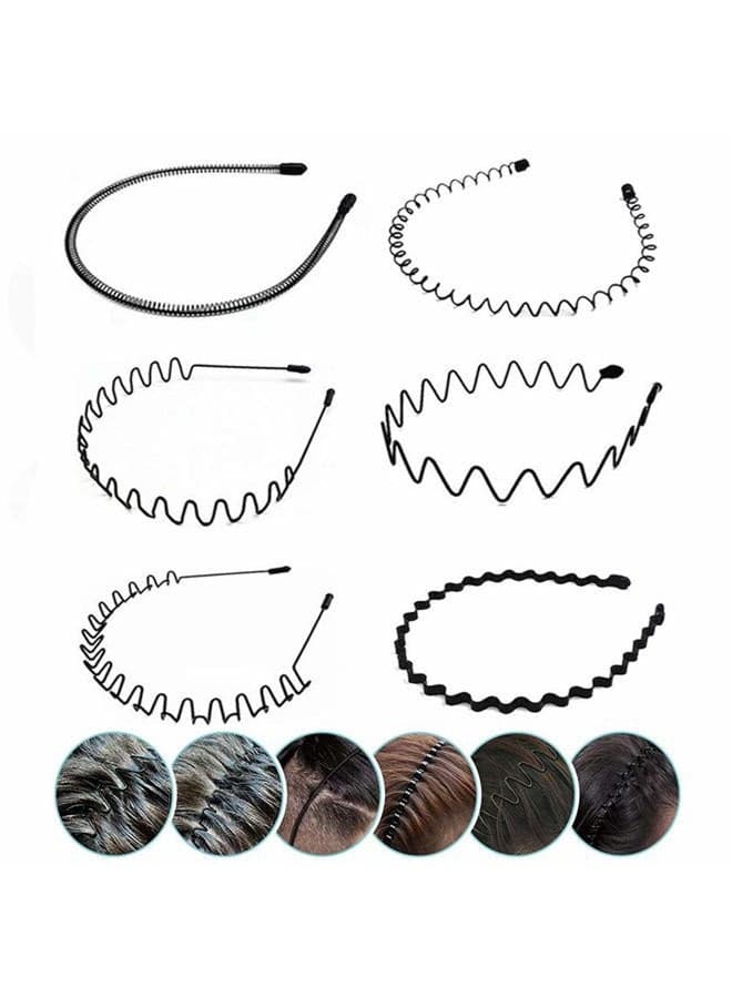 Elastic Wavy Spring Wave Hair Band, Multi-Style Black Non-slip Metal Hair Hoop, Unisex Sport Fashion Hair Band Accessories for Women and Men 6 Pcs