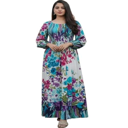 Cigain Floral Maxi Printed Rayon Full Sleeves Bobbin One Piece fit and Flare Dress tie dye Pattern Comfy Night Wear Gown for Women Multi-Colour (in, Alpha, 2XL, Plus, Plus Size, Sea Green)