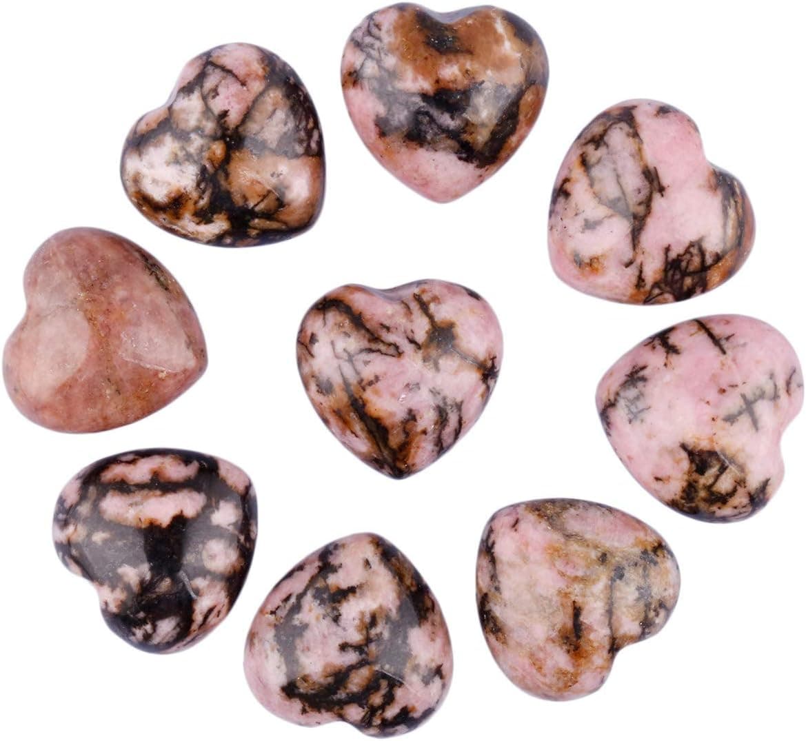 Rockcloud Healing Crystal Rhodonite Heart Love Carved Palm Worry Stone Chakra Reiki Balancing, 0.59 inch, Pack of 10