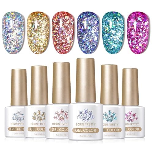 Born Pretty Glitter Gel Nail Polish Set Sparkly Shiny Gold Silver Pink Glitter Gel Polish Kit Soak Off U V Nail Gel Gift Box Nail Art Manicure Varnish Kit 7ML 6PCS
