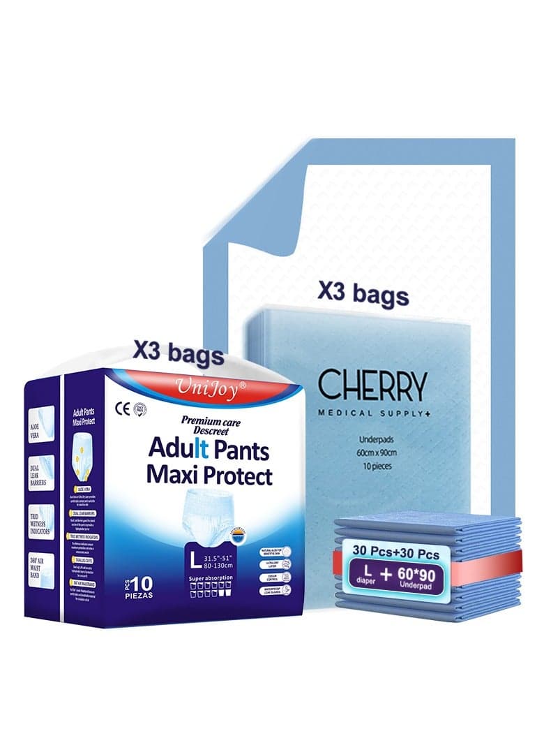 30 Pieces Adult Diapers Pull Up Pant Style Large – Extra Large Size (Waist Size 80 cm – 130 cm) Plus 30 Pieces 60 cm X 90 cm Disposable Underpads Absorbency Leak Protection Unisex