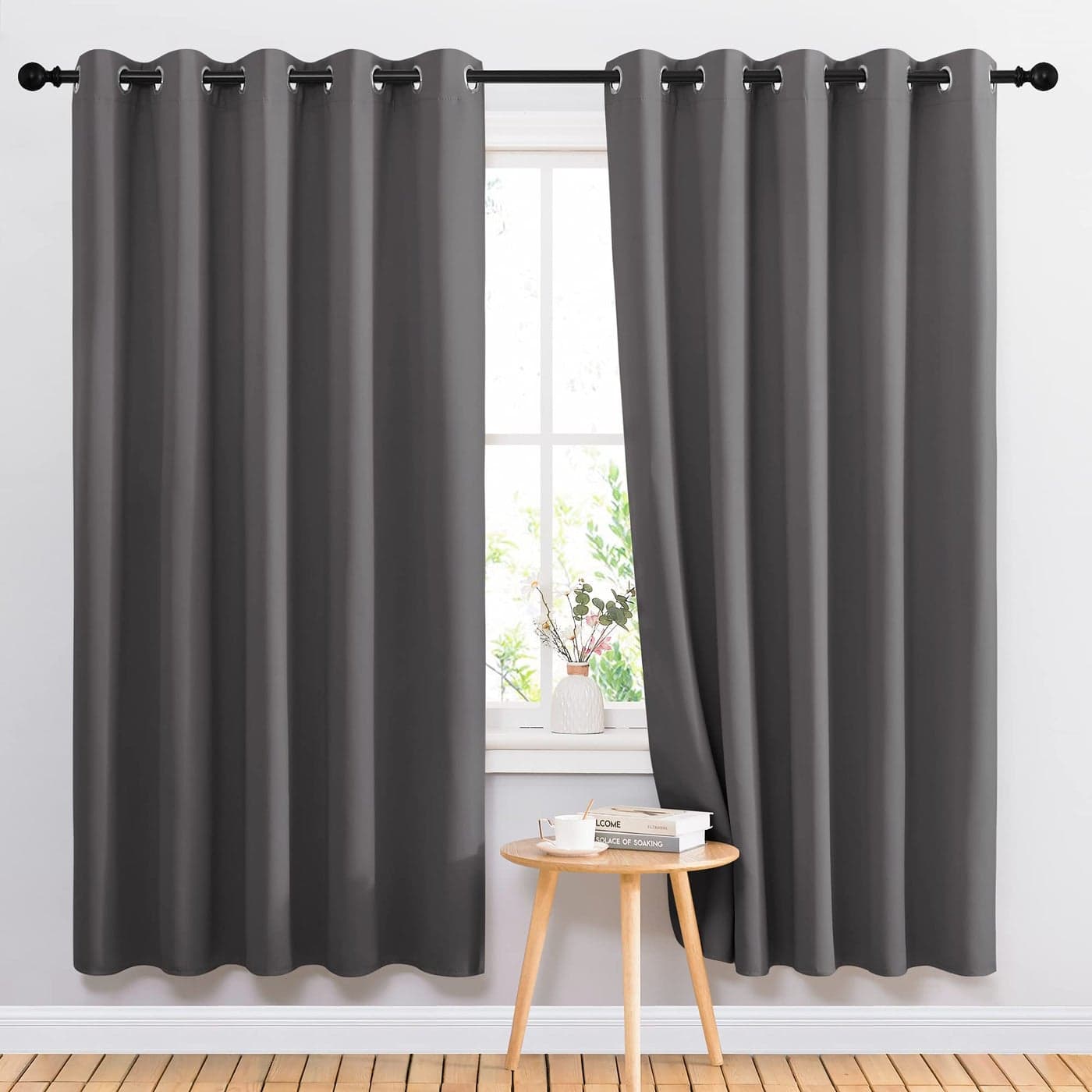NICETOWN Blackout Curtains Panels for Bedroom 3 Pass Microfiber Noise Reducing Thermal Insulated Solid Ring Top Blackout Window Drapes 2 Panels 66 x 72 Inch Gray